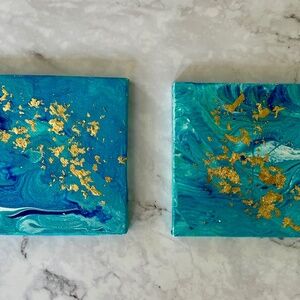 Ocean Gold - Set of 2 Ocean-Inspired Fluid Acrylic Pour Paintings | 4x4 Canvas